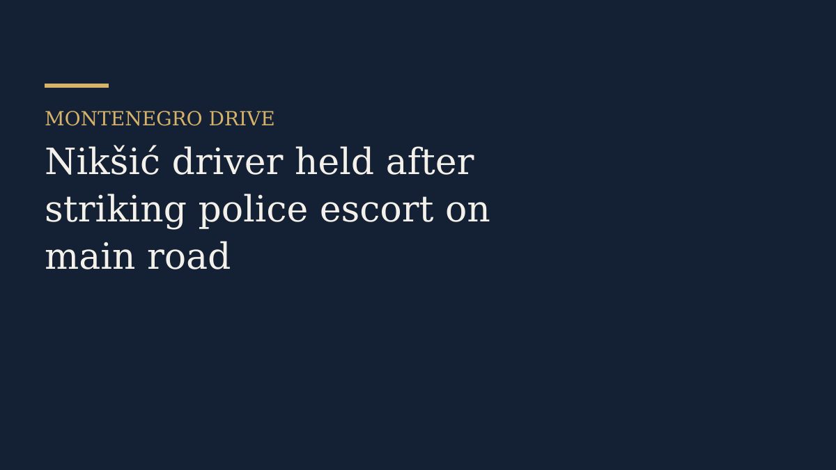A Volkswagen sedan stopped on a mountain main road beside escort vehicles.